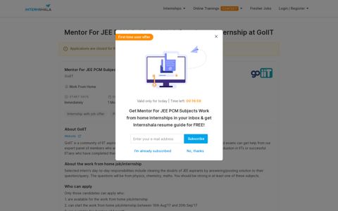 Mentor For JEE PCM Subjects Work from home Internship at ...