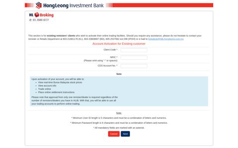 Account Activation for Existing customer - HLeBroking