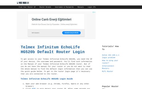 Telmex Infinitum EchoLife HG520b Default Router Login