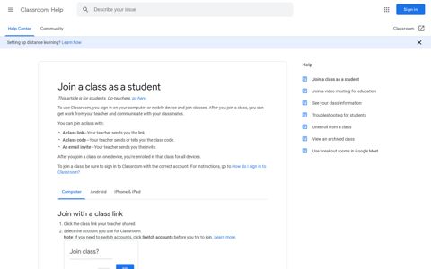Join a class as a student - Google Support