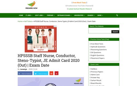 HPSSSB Admit Card 2020 (Out) | Conductor, Staff Nurse ...