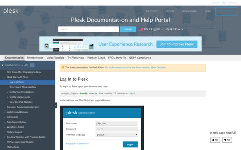 Log In to Plesk | Plesk Onyx documentation - Plesk Obsidian