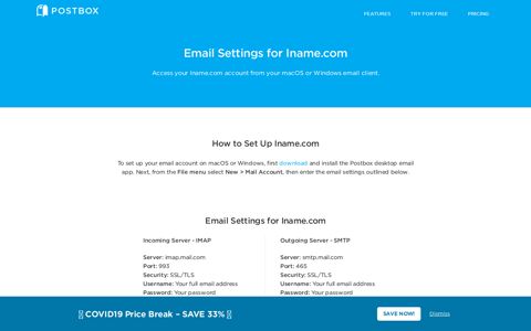 Email Settings for Iname.com - Postbox