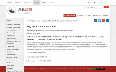 NOME UTENTE E PASSWORD - UNIMORE - FAQ Domande ...