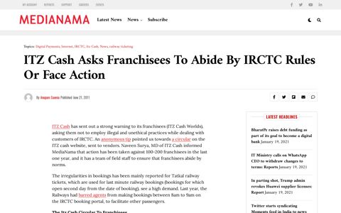 ITZ Cash Asks Franchisees To Abide By IRCTC Rules Or Face ...