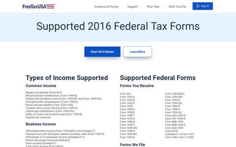 2016 Federal Supported Tax Forms - FreeTaxUSA
