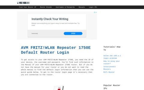 AVM FRITZ!WLAN Repeater 1750E - Default login IP, default ...