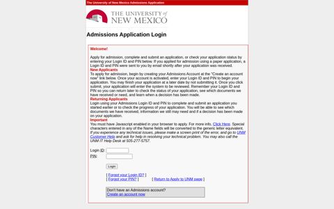 Admissions Application Login - The University of New Mexico