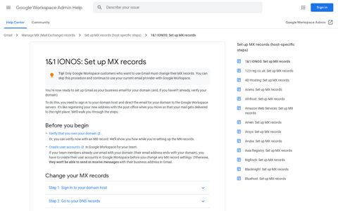 1&1 IONOS: Set up MX records - Google Workspace Admin Help