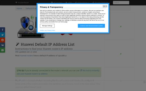Huawei default IP address List - Router-Reset.com