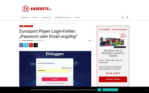 Eurosport Player Login-Fehler: "Passwort oder Email ungültig"