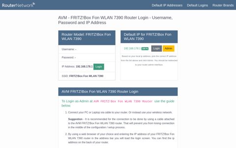 AVM - FRITZ!Box Fon WLAN 7390 Default Login and Password
