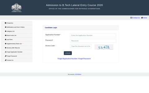 B.Tech (Lateral Entry) 2020 - Candidate Portal - CEE Kerala