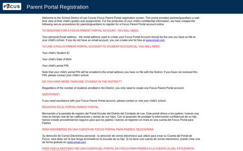 Parent Portal Registration - Focus