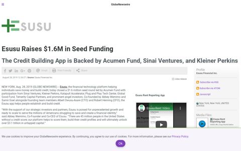 Esusu Raises $1.6M in Seed Funding - GlobeNewswire