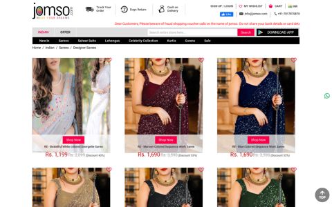 Buy fashion designer Indian sarees online shopping ... - Jomso