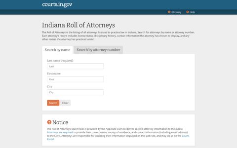 Indiana Roll of Attorneys - Roll of Attorneys - Search