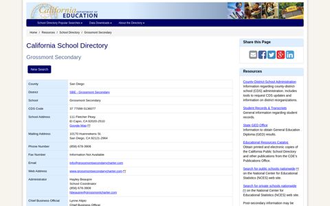 Grossmont Secondary - School Directory Details (CA Dept of ...