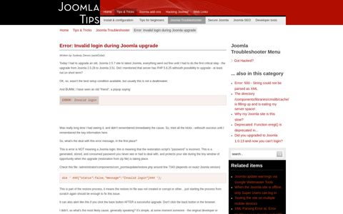 Error: Invalid login during Joomla upgrade - Joomla!® Tips