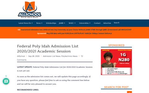 Federal Poly Idah Admission List 2020/2021 Academic Session