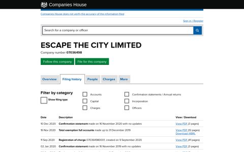 ESCAPE THE CITY LIMITED - Filing history (free information ...
