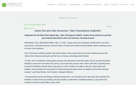 Green Dot and Uber Announce "Uber Checking by GoBank®"