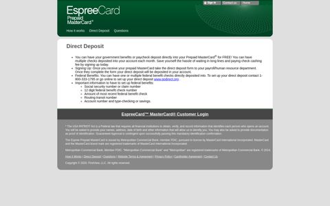 Direct Deposit - Espree Prepaid MasterCard