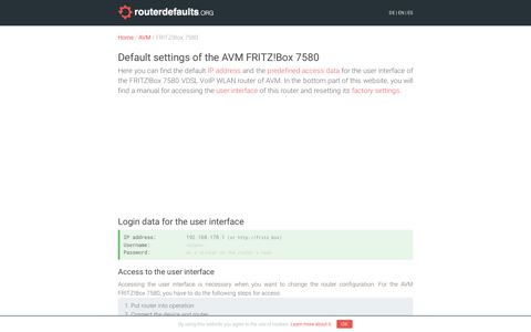 Default settings of the AVM FRITZ!Box 7580