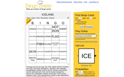 ICELAND Bingo Card - Bingo Baker