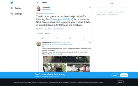 LG Delhi on Twitter: "Thanks. Your grievance has been lodged ...