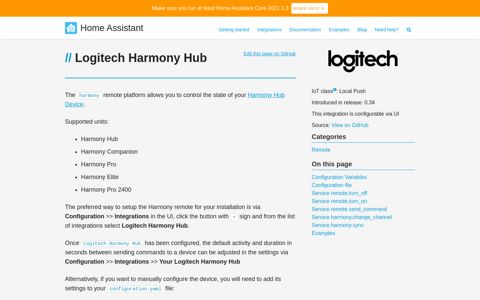 Logitech Harmony Hub - Home Assistant