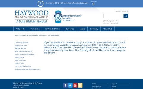 Your Medical Report - Haywood Regional Medical Center
