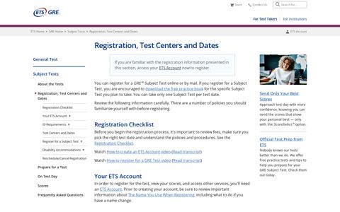 GRE Subject Tests Registration, Test Centers and Dates - ETS