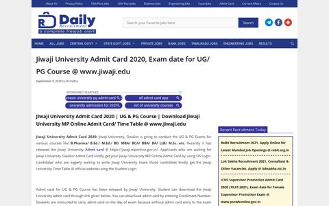 Jiwaji University Admit Card 2020, Exam date for UG/ PG ...