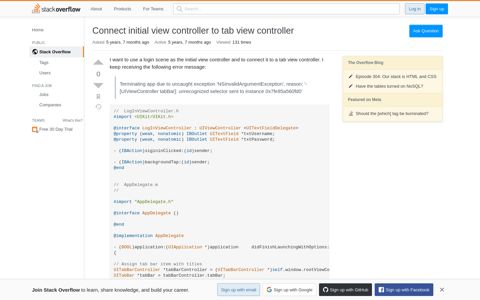 Connect initial view controller to tab view controller - Stack ...