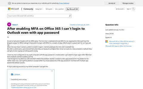 After enabling MFA on Office 365 I can't login to Outlook even ...