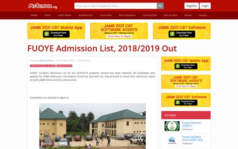 FUOYE Admission List, 2018/2019 Out - Myschool