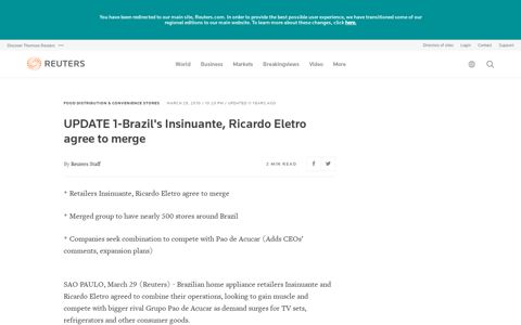 UPDATE 1-Brazil's Insinuante, Ricardo Eletro agree to merge ...