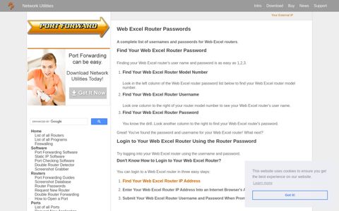 Web Excel Router Passwords - Port Forward