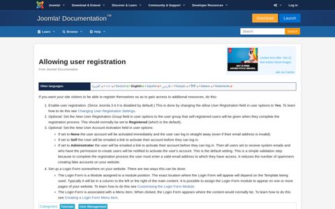 Allowing user registration - Joomla! Documentation