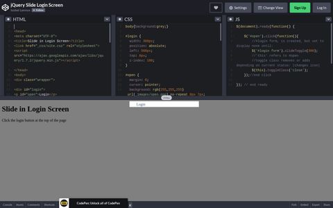 jQuery Slide Login Screen - CodePen