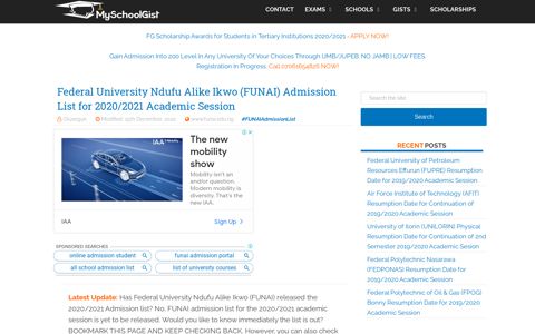 FUNAI Admission List for 2019/2020 Session - MySchoolGist