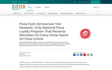 Pizza Hut® Announces 'Hut Rewards', Only National Pizza ...