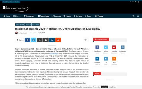 Inspire Scholarship 2020- Notification, Online Application ...