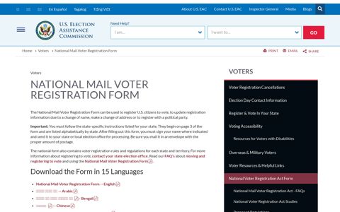 National Mail Voter Registration Form | U.S. Election ...