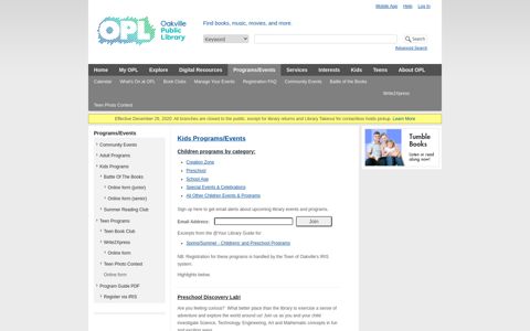 OPL : Kids Programs/Events - Oakville Public Library