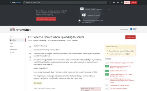 FTP Access Denied when uploading to server - Server Fault