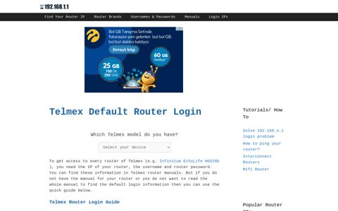 Telmex routers - Login IPs and default usernames & passwords