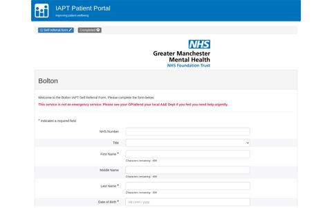Self referral form | Bolton | IAPT Portal
