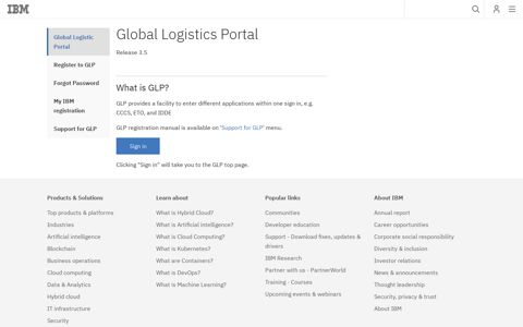 IBM Global Logistics Portal: Start up page